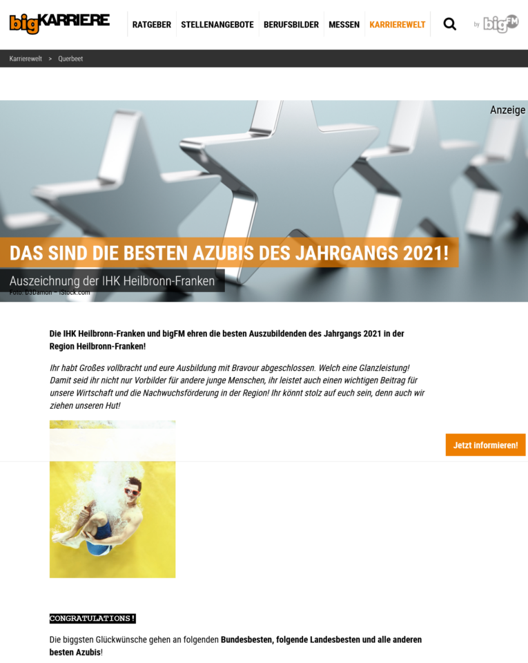 Das Bild zeigt die bigFM Karriere Internetseite wo die Besten Azubis des Jahrgangs 2021 aufgeführt werden.