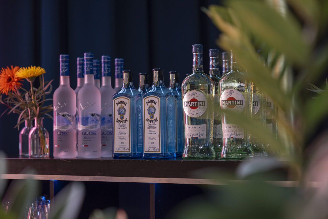 Martini-, Gin- und Wodkaflaschen